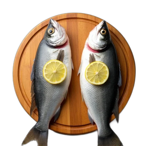 food, animal, photorealistic, 3d render, two, fish, lemon, slices transparent PNG cut-out