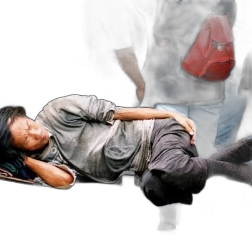 photorealistic, concept art, 3d render, man, sleeps, bench, crowded, area transparent PNG cut-out