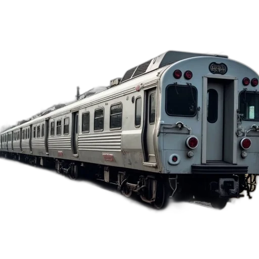 3d render, photorealistic, concept art, silver, passenger, train, parked, tracks transparent PNG cut-out