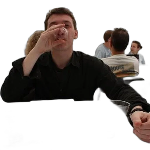 staff, face, man, black, shirt, drinking, plastic, cup transparent PNG cut-out