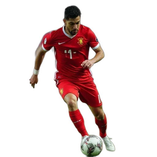 soccer, player, red, jersey, process, kicking, ball, field transparent PNG cut-out