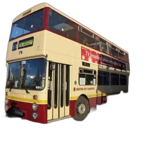 3d render, photorealistic, concept art, vintage, double-decker, bus, chester, city transparent PNG cut-out