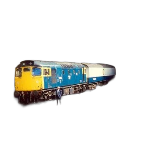 3d render, photorealistic, blue, yellow, train, parked, tracks, man transparent PNG cut-out