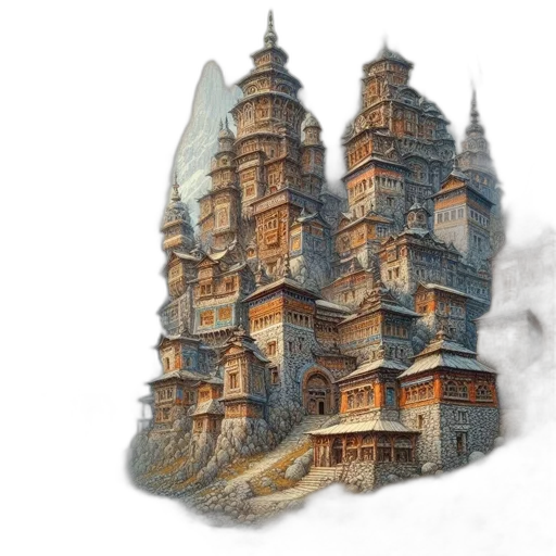 building, concept art, fantasy art, watercolor, 3d render, fog, snow, earth tones transparent PNG cut-out