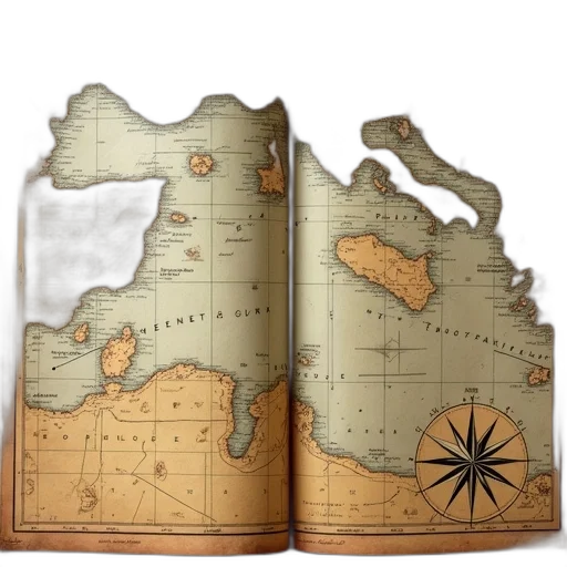 old, worn-out, map, faded, colors, creases, featuring, compass transparent PNG cut-out