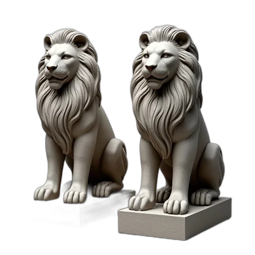 3d render, photorealistic, concept art, pair, stone, lion, statues, detailed transparent PNG cut-out