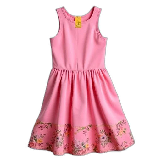 dress, pink, floral, pattern, hem, yellow, tag, back transparent PNG cut-out