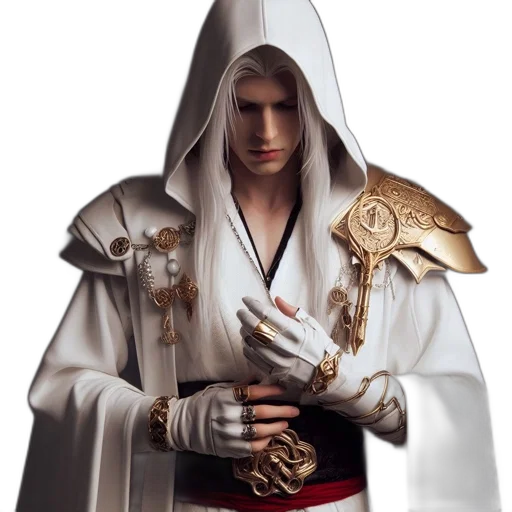 jacket, staff, sword, weapon, concept art, 3d render, fantasy art, photorealistic transparent PNG cut-out