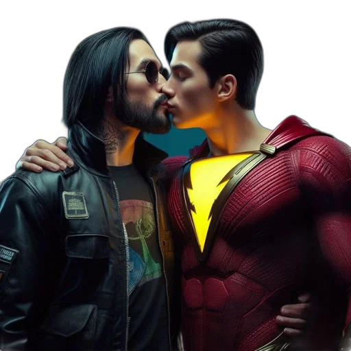 comic book art, two, men, embrace, closely, one, wears, unique transparent PNG cut-out