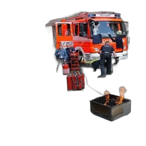 robot, 3d render, concept art, fire, truck, parked, cobblestone, street transparent PNG cut-out