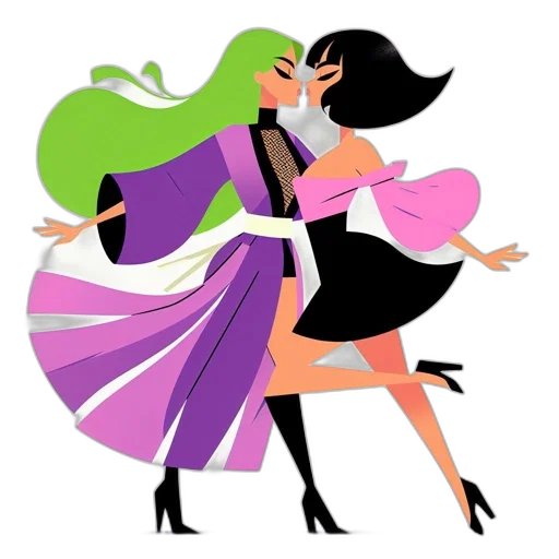 dress, cartoon, concept art, neon, dark, colorful, two, females transparent PNG cut-out