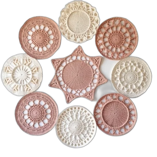 jewelry, earth tones, pastel, monochrome, collection, crocheted, doilies, various transparent PNG cut-out