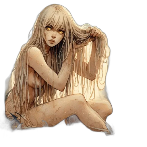 hair, dress, creature, fantasy art, concept art, pixel art, photorealistic, golden transparent PNG cut-out