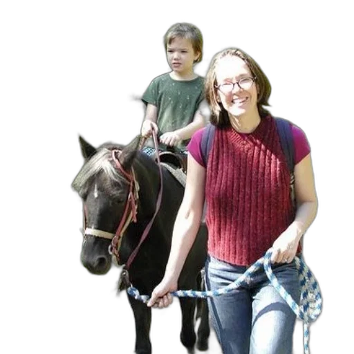 photorealistic, woman, red, sweater, walks, pony, child, back transparent PNG cut-out