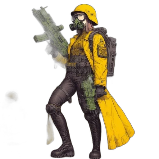 jacket, weapon, staff, mask, concept art, pixel art, 3d render, comic book art transparent PNG cut-out