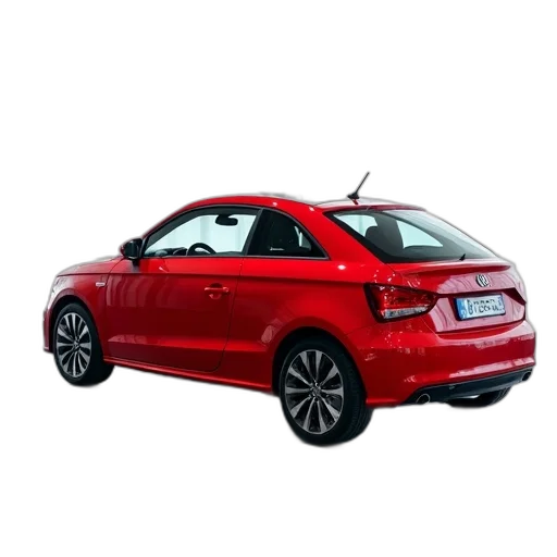 car, 3d render, photorealistic, red, compact, parked, showroom, floor transparent PNG cut-out