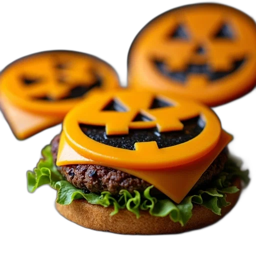 food, photorealistic, 3d render, plate, cheeseburgers, halloween-themed, cheese, slices transparent PNG cut-out