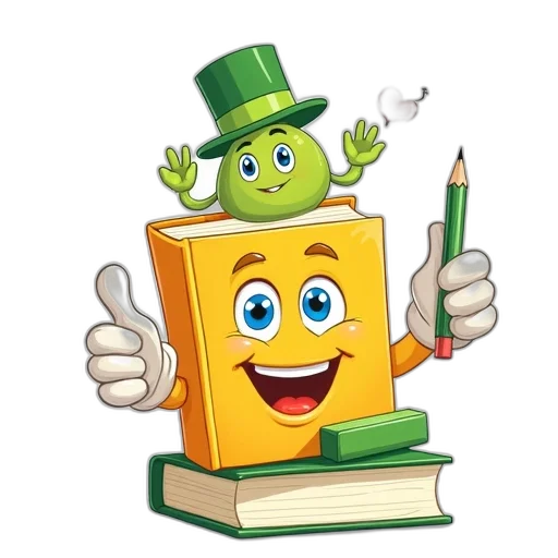 hat, green, colorful, illustration, featuring, smiling, yellow, book transparent PNG cut-out