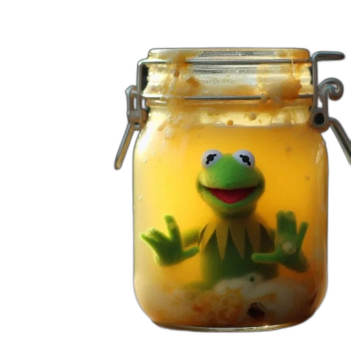 food, glass, jar, holds, kermit-like, puppet, submerged, translucent transparent PNG cut-out