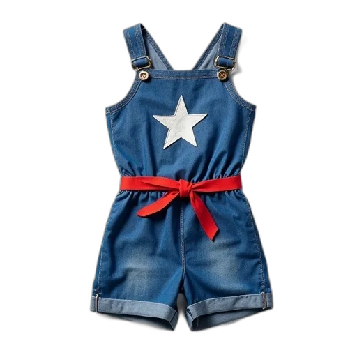 dress, blue, denim, romper, star, pattern, red, belt transparent PNG cut-out