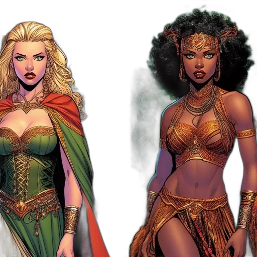 comic book art, concept art, fantasy art, earth tones, green, two, women, distinctive transparent PNG cut-out