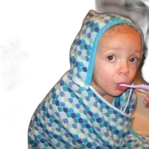 photorealistic, child, wrapped, blue, green, towel, brushes, their transparent PNG cut-out