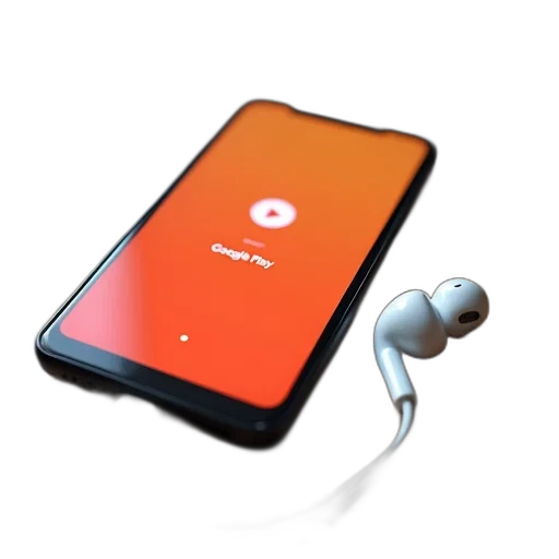 concept art, smartphone, white, earbud, plugged, into, lying, wooden transparent PNG cut-out