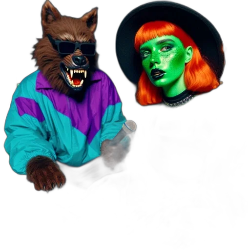 jacket, mask, creature, concept art, fantasy art, vaporwave, watercolor, neon lights transparent PNG cut-out