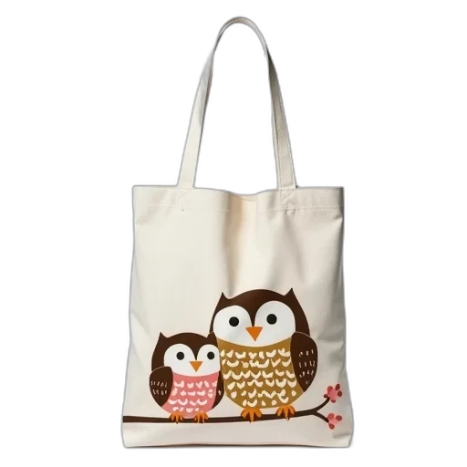 white, tote, bag, pattern, cartoon, owls, displayed, against transparent PNG cut-out