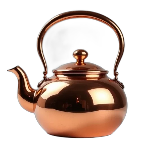 3d render, photorealistic, copper-colored, teapot, shiny, surface, curved, spout transparent PNG cut-out