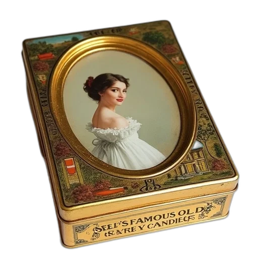 jewelry, furniture, photorealistic, oil painting, vintage-style, candy, box, golden transparent PNG cut-out