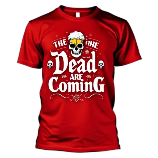 red, t-shirt, graphic, design, reads, dead, coming, white transparent PNG cut-out