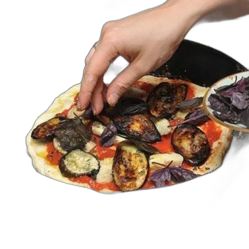food, photorealistic, person, adding, fresh, basil, leaves, pizza transparent PNG cut-out