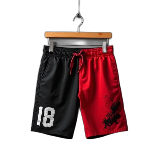 pair, black, red, shorts, graphic, print, hanging, wooden transparent PNG cut-out