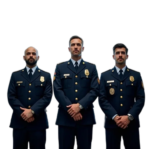staff, jacket, three, men, police, uniforms, stand, side transparent PNG cut-out