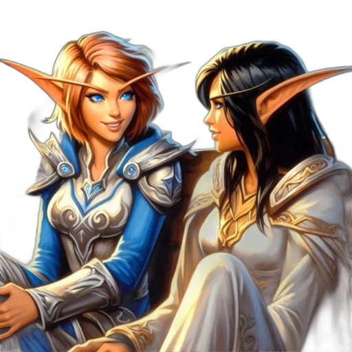 fantasy art, concept art, pixel art, comic book art, two, females, elfin, features transparent PNG cut-out