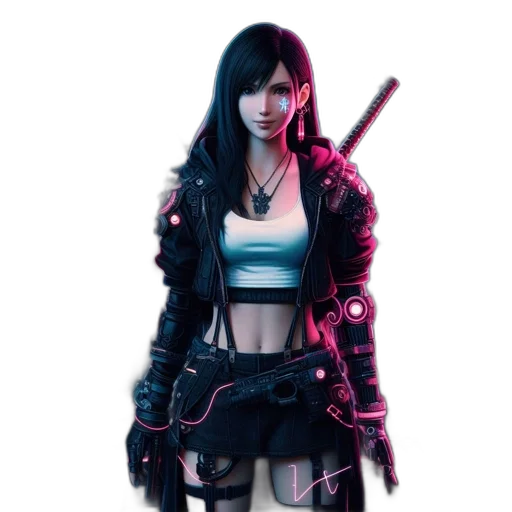 weapon, jacket, cyberpunk, concept art, pixel art, 3d render, dark, neon transparent PNG cut-out
