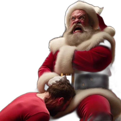 intense, scene, presents, room, filled, santa-clad, individuals, reacting transparent PNG cut-out