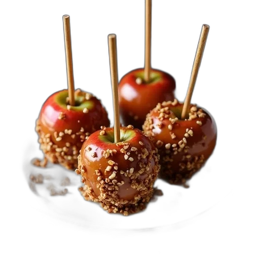 food, photorealistic, 3d render, plate, three, caramel, apples, wooden transparent PNG cut-out