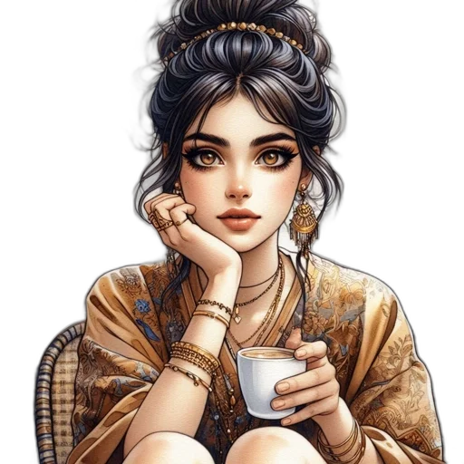 jewelry, dress, face, fantasy art, photorealistic, oil painting, cartoon, golden transparent PNG cut-out