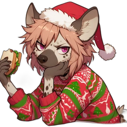 pixel art, anime, anthropomorphic, wolf, figure, wears, santa, hat transparent PNG cut-out