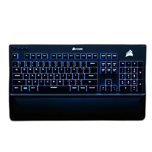 cyberpunk, 3d render, blue, black, corsair, keyboard, backlighting, white transparent PNG cut-out