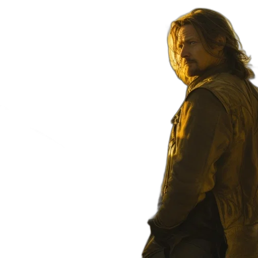 jacket, sword, outer space, golden, earth tones, man, long, hair transparent PNG cut-out