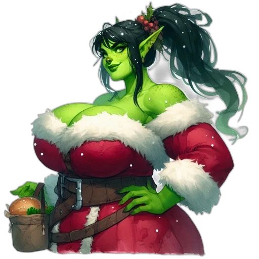 concept art, fantasy art, pixel art, green, woman, skin, wearing, santa-like transparent PNG cut-out