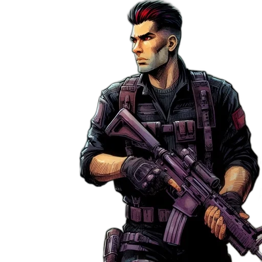weapon, cyberpunk, concept art, comic book art, pixel art, red, man, tactical transparent PNG cut-out