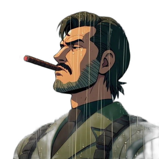 jacket, weapon, face, comic book art, concept art, pixel art, anime, green transparent PNG cut-out