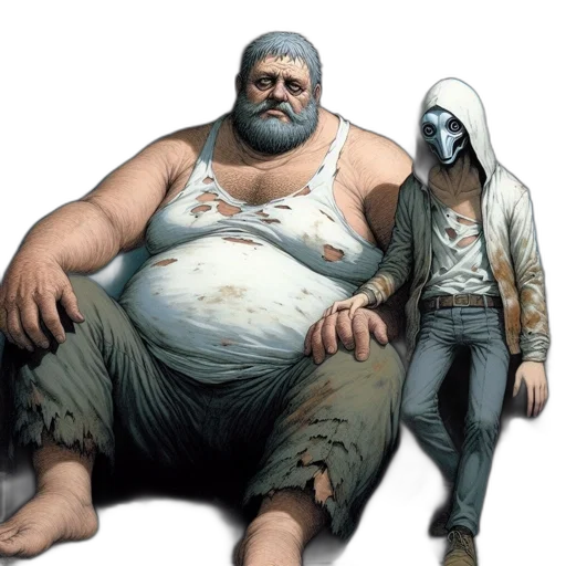concept art, comic book art, fantasy art, photorealistic, two, characters, stand, amidst transparent PNG cut-out