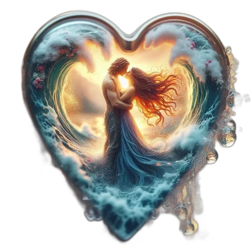 fantasy art, concept art, heart-shaped, frame, couple, flowing, outfits, embraces transparent PNG cut-out