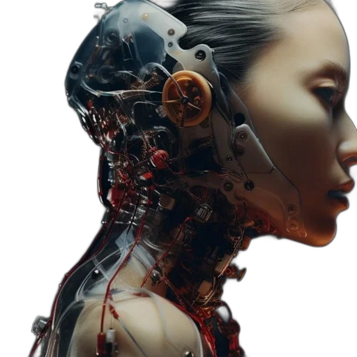 robot, face, cyberpunk, concept art, 3d render, photorealistic, woman, intricate transparent PNG cut-out