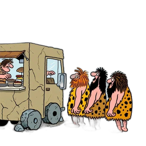 car, concept art, cartoon, cavemen, queue, primitive, food, truck transparent PNG cut-out